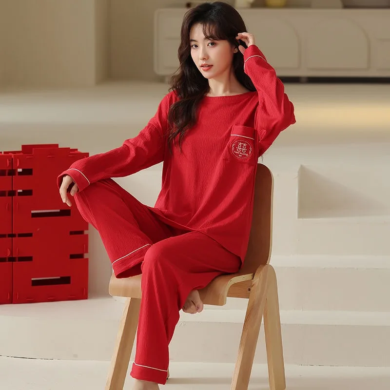 Pure Cotton Long Sleeved Pajamas Women Spring Autumn Winter Sleepwear Red Loose 100KG Home Clothing Set Plus Size Loungewear