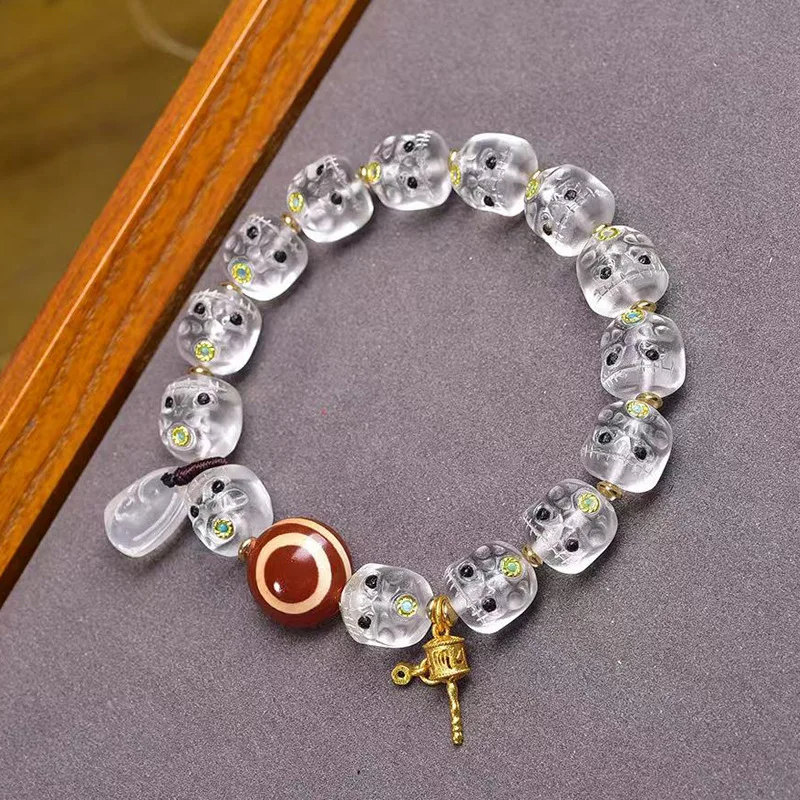 

Natural Glass Carved Ah Dai Single-Strand Bracelet Agate Sheep's Eye Beads White Crystal Buddhist Prayer Beads Bracelet