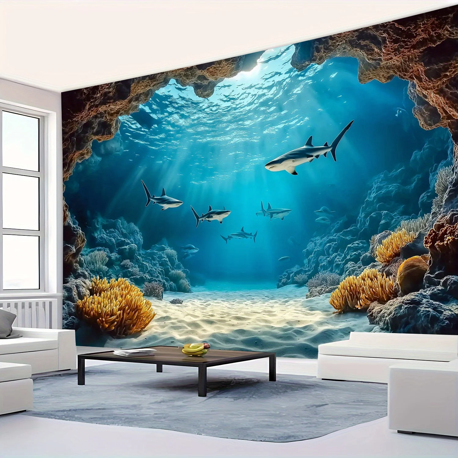 Oceanic Serenity Wall Tapestry for Living Room Decor, Featuring a Stunning Underwater Scene with Graceful Sharks Swimming