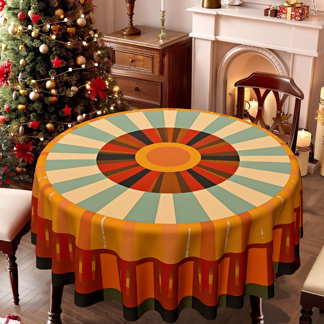 1 piece, dynamic sun-themed round tablecloth - colorful radioactive pattern, mechanism craftsmanship