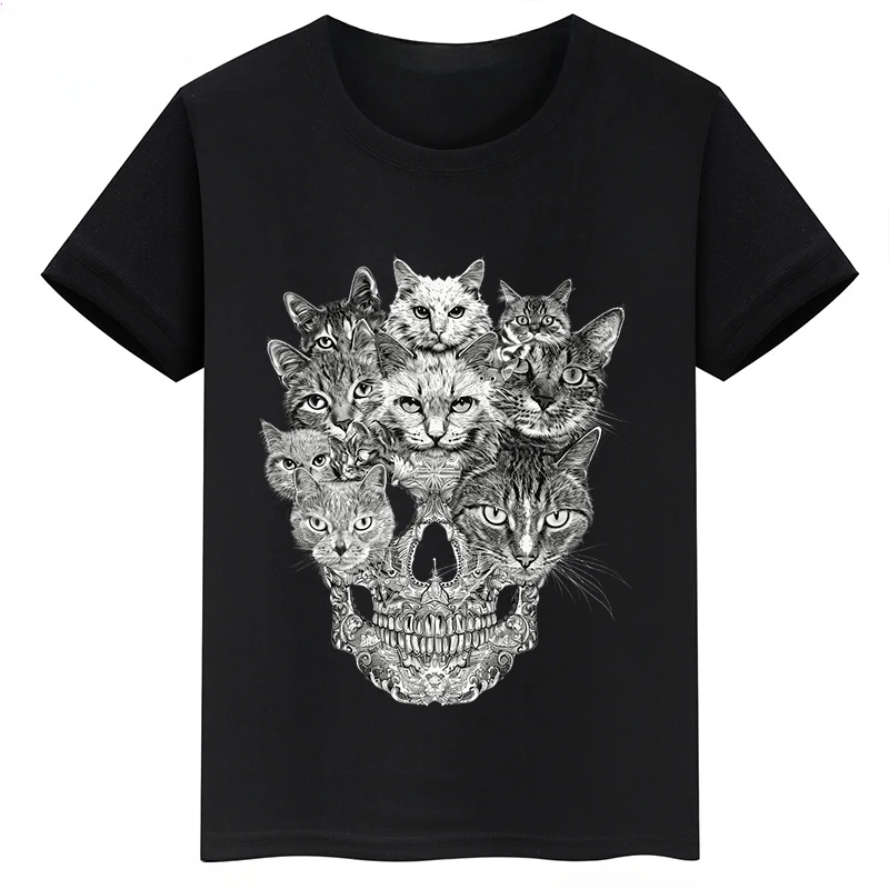 Cat Skull Printed Children\'s Clothing Summer Boys and Girls Cotton T-shirt Black Short-sleeved Personalized Kid\'s Clothing