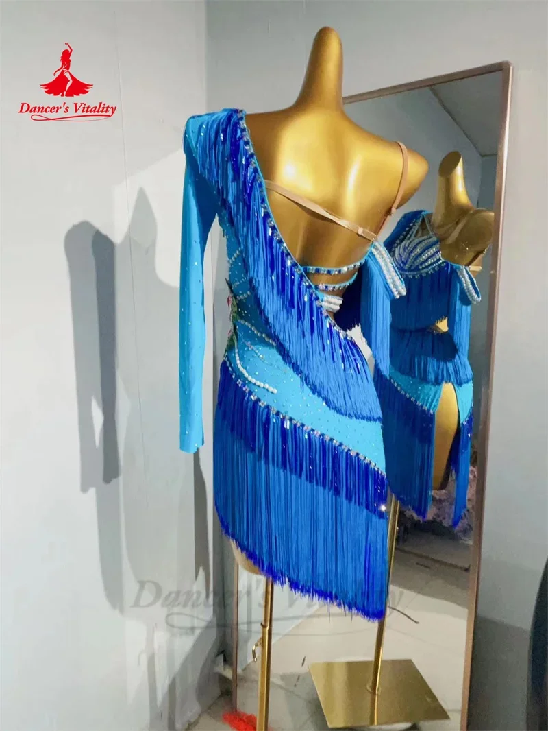 Vestido personalizado de dança latina para mulheres, Rumba Cha Cha Cha Tango Competição Vestuário, Vestidos De Borla De Dança Latina