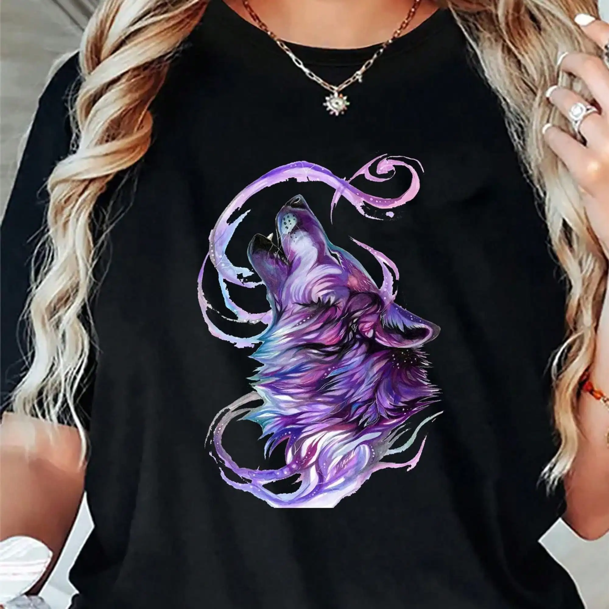 Womens Gothic Wolf & Celtic Knot Graphic T-Shirt - Purple & Blue Wolf Print Short Sleeve Crew Neck Top, Casual Summer & Spring Tee With Mystical Wolf Design, Machine Washable Statement Shirt For Casual Attire & Themed Events