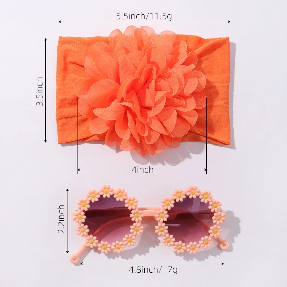 2Pcs Exaggerated Big Satin Flower Headband with Daisy Round Glasses Set for Newborn Baby Girls Cute Elastic Wide Hairband Gift