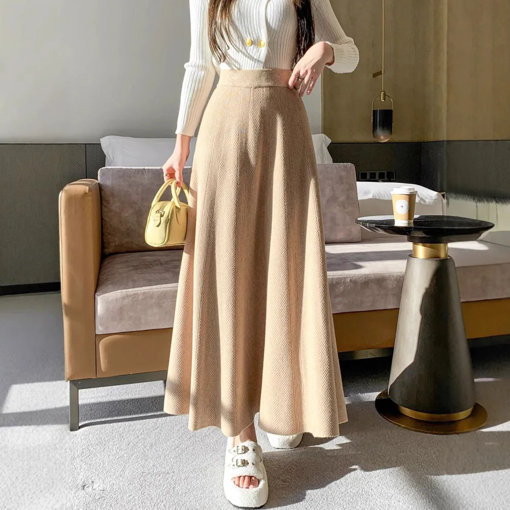 

Элегантная милая вязаная юбка-миди, осенне-зимняя эластичная утягивающая длинная юбка трапециевидной формы с высокой талией, трикотаж