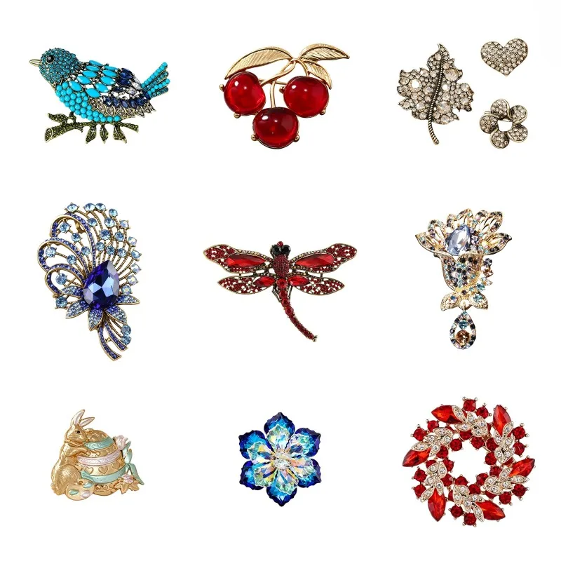 9 brooches: bluebird, red cherry, crystal leaf/heart/flower three-piece set, purple peacock feather, red dragonfly, ...