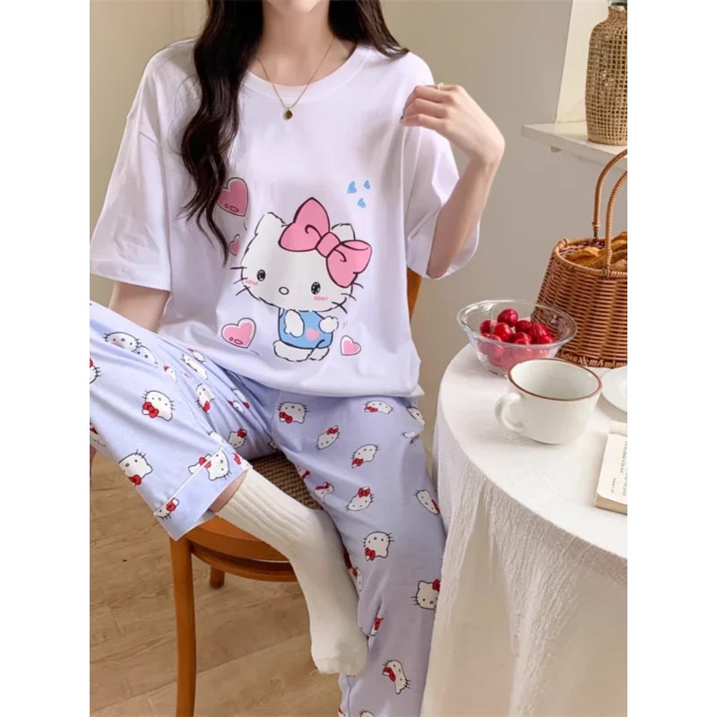 Sanrio New Hello Kitty Silk Pajamas Women's Cute Cartoon Casual and Comfortable Cool Breathable Lightweight Home Women's Pajamas