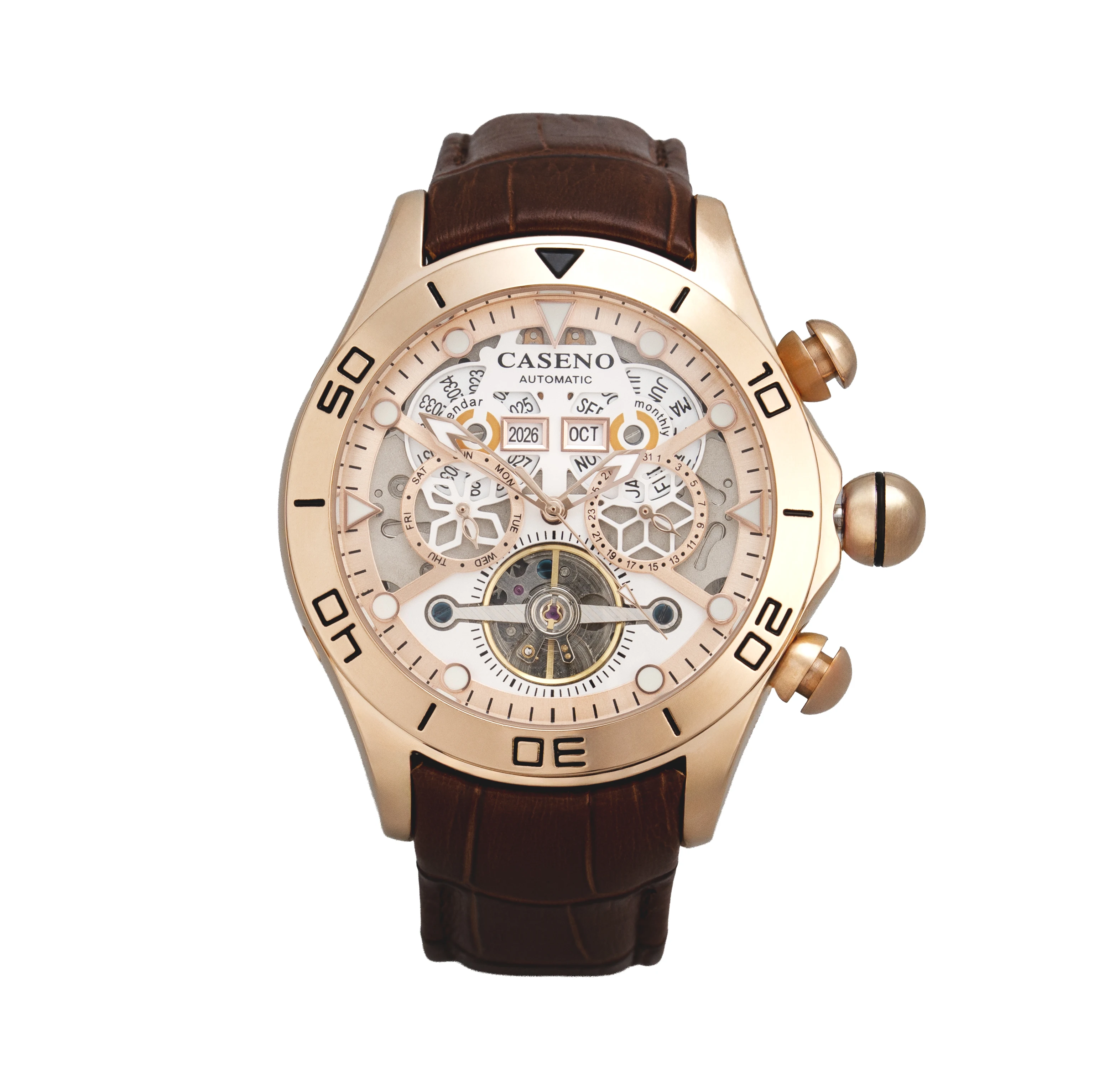 CASENO Large Dial Mechanical Watch with Bubble Perpetual Calendar Fully Automatic Tourbillon Belt Watch -58284G