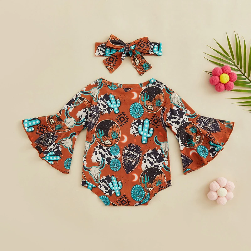 Western Outfits Baby Girl 2Pcs Clothes Flower/ Cactus Print Long Flared Sleeves Round Neck Bodysuit Jumpsuit with Headband