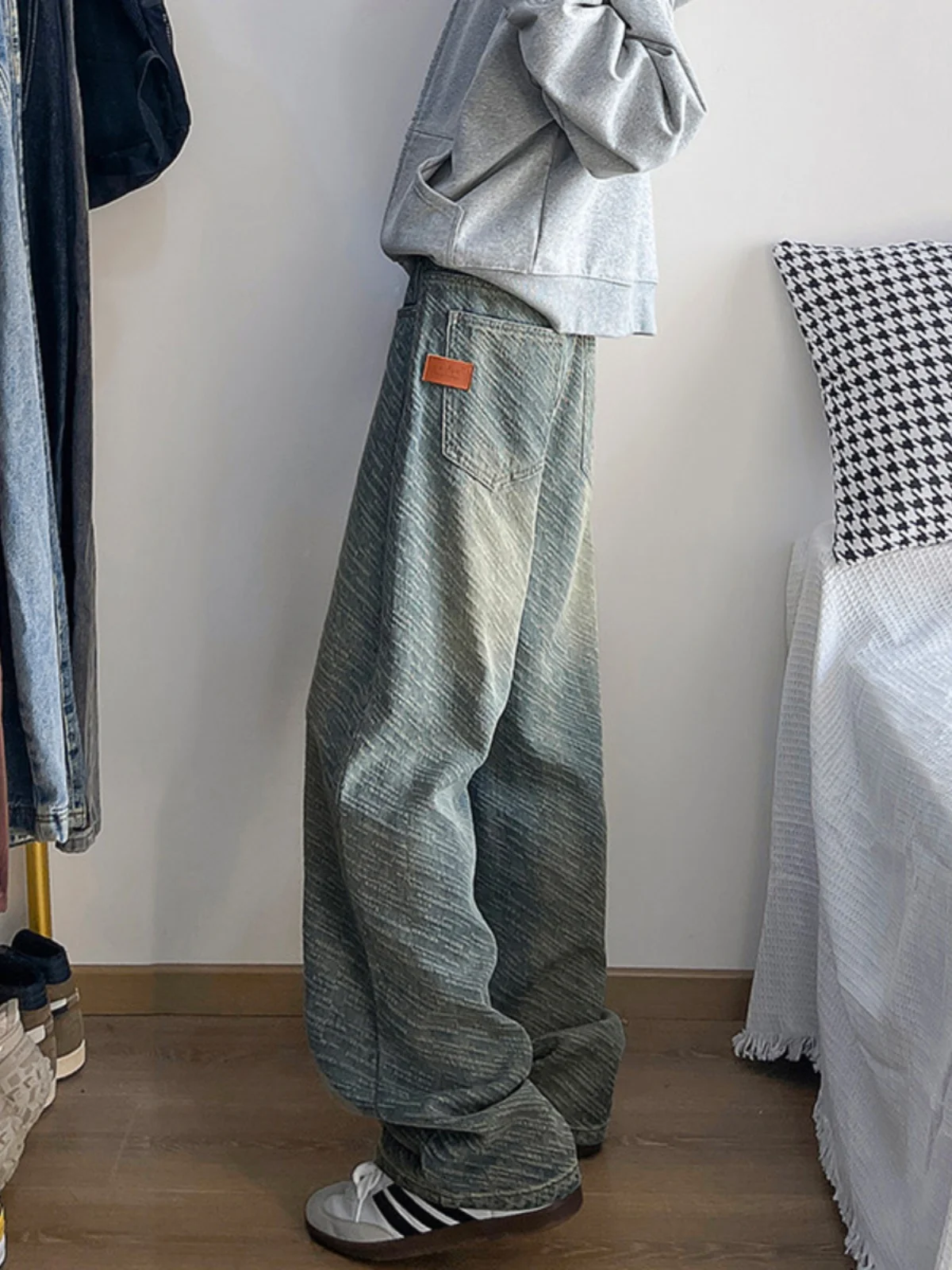 

Retro Blue Washed Men's Jeans Spring Autumn High Street Straight Leg Wide Leg Matte Casual Trousers Youth Fashion Trend