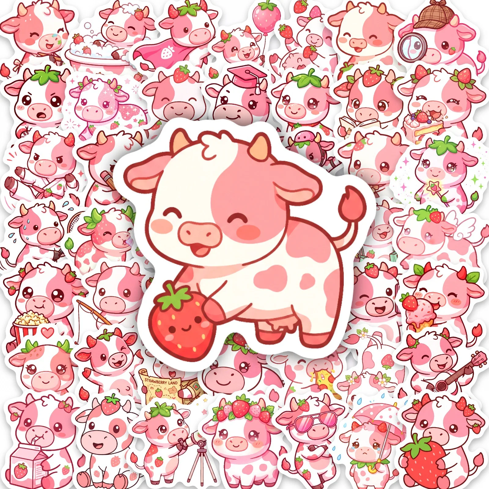 

50Pcs Cartoon Strawberry Cow Fun Stickers Decorate Phone Cup Suitcase Laptop Storage Box Skate Helmet Scrapbook Waterproof Decal