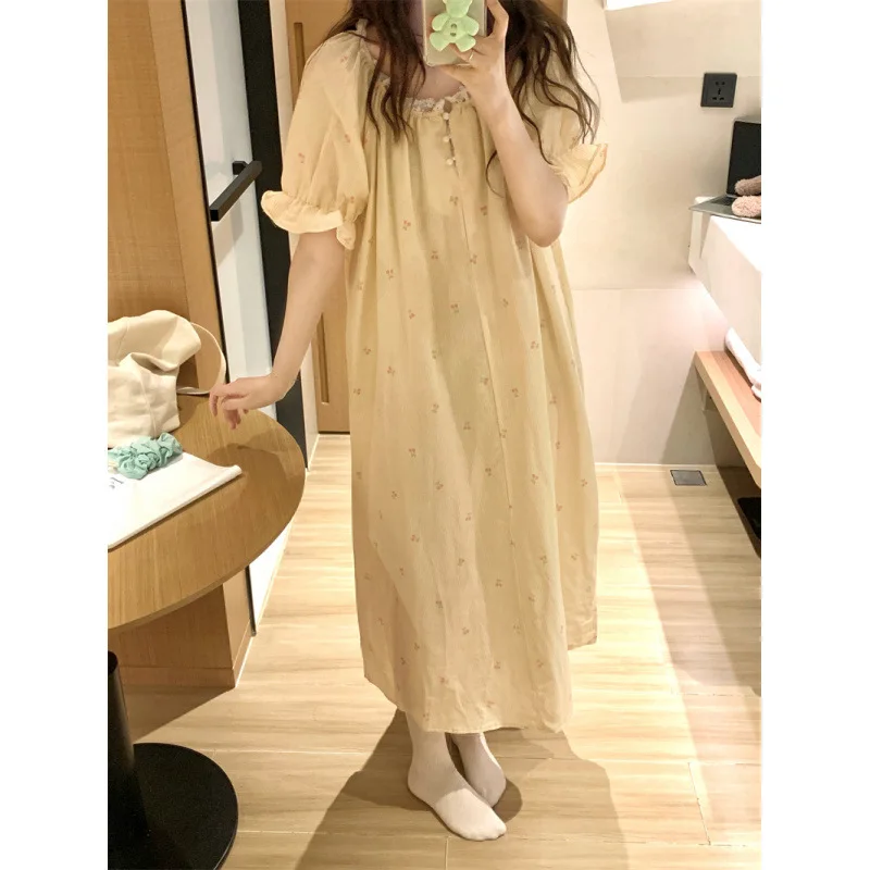 Ladies Summer Small Fresh Sweet Striped Cherry Lace Lace Loungewear Pajamas Nightgown