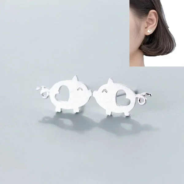 Delysia King Women Cute Love Kiss Piggy Earrings Simplicity Heart Elegant Temperament Girls Hollowed Out Ear Studs