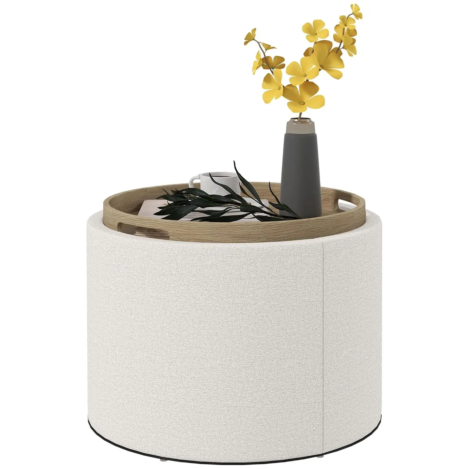 Round Storage Ottoman Flip Top Tray Footstool Upholstered Fabric Coffee Table Hidden Compartment Vanity Stool Living Room, Custo