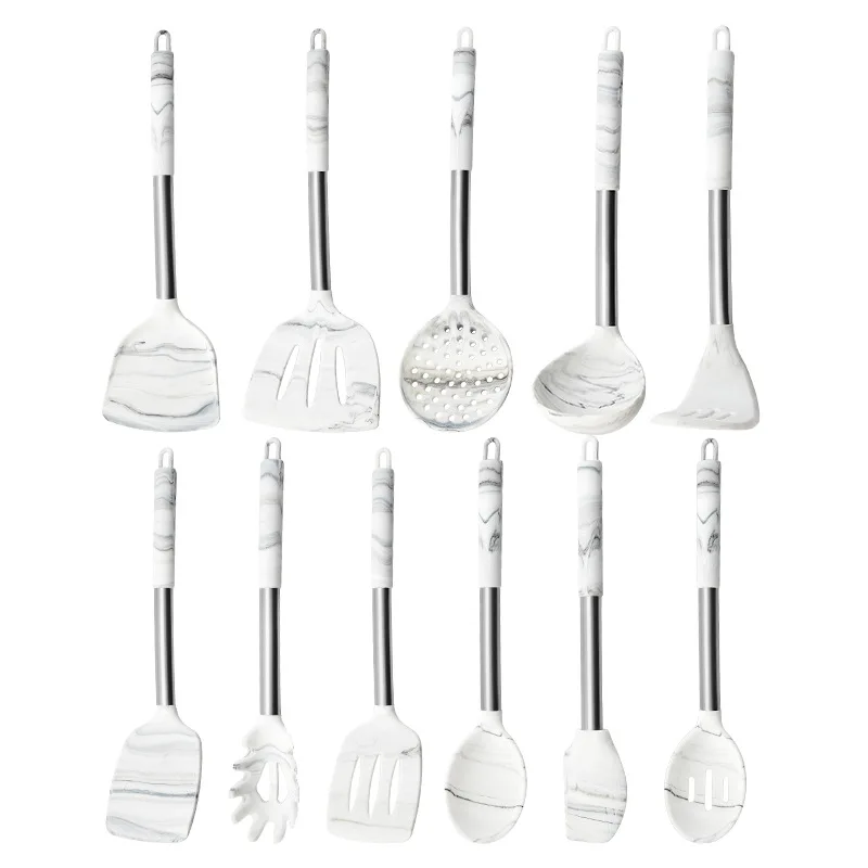 Silicone Kitchenware 11-piece Set Kitchen Non-stick Spatula Spoon Marbled Stainless Steel Baking Tools Cooking Tools