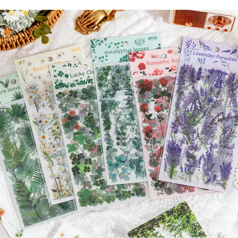 

6 Sheets/pack PET Die-cut Sticker Retro Plants Flowers Ferns Clovers Lavenders DIY Scrapbook Junk Journal Collage Materials