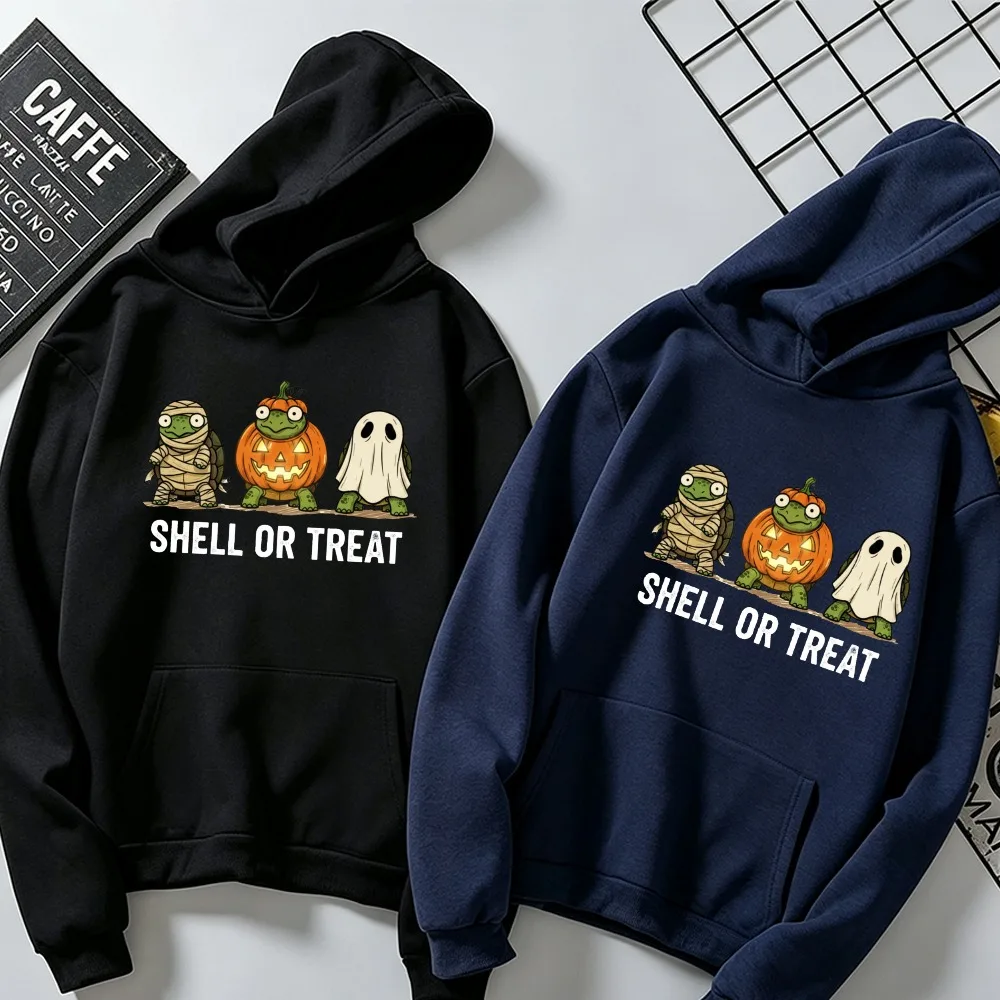 Shell or Treat Halloween Turtle Hoodie Graphic Sweatshirt Men Women Casual Loose Pullover Long Sleeve Autumn Streetwear Apparels