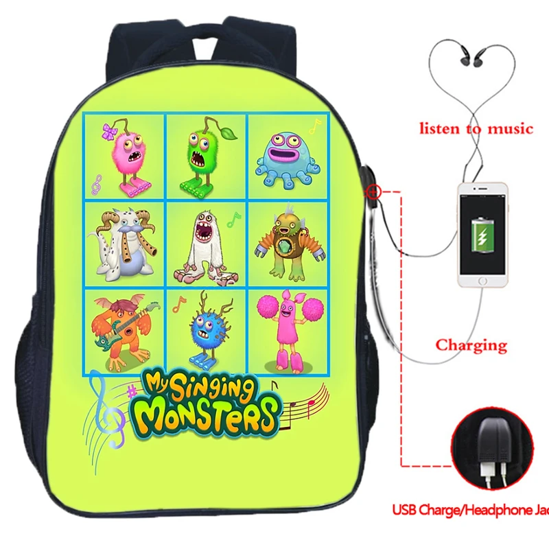 My Singing Monster Backpack for Girls Boys 16 Inch Game Knapsack Teens Student School USB Charge Bagpacks Teens Rucksack Mochila