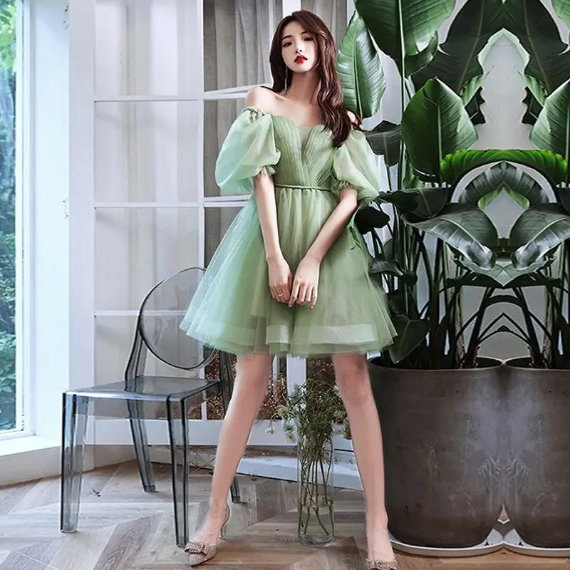 Green Sweat Puff Sleeve Lady Girl Women Princess Bridesmaid Banquet Party Ball Prom Short Dress Gown Sexy Bandeau Backless Club