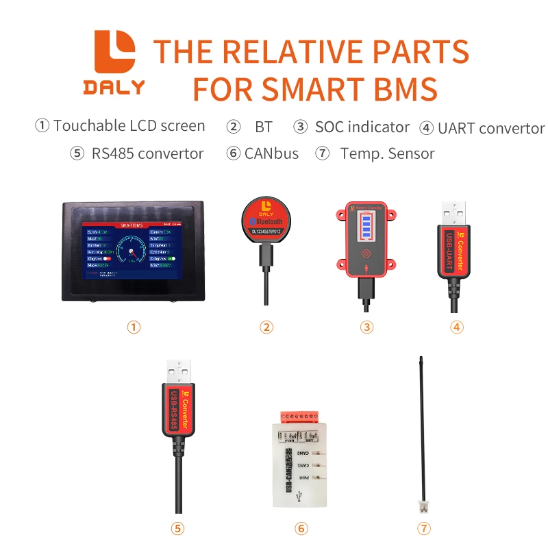 Smart BMS accessory bluetooth USB to UART RS485 cable CANbus Power board Touch LCD screen for 3s 4s 5s 6s 10s 13s 14s bms