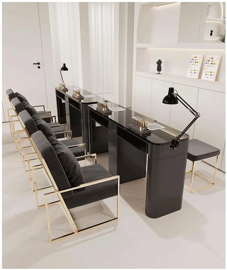 

&c Customized Light Luxury Nail Shop Tempered Glass Inner Vacuum Cleaner Black Gold Nail Table and Chair Set