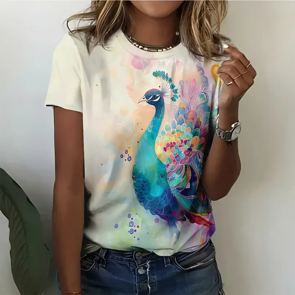 

Artistic Colorful Peacock Design Women's T-shirt Casual Fashion Loose Comfortable White Short Sleeve