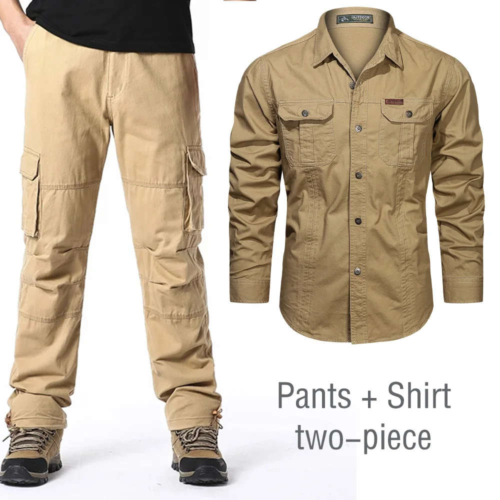 100% Cotton Cargo Pants+Shirt Men Solid Color 6 Pockets Trousers 2 Pockets Shirts Outdoor Casual Colthing High Quality Men suit