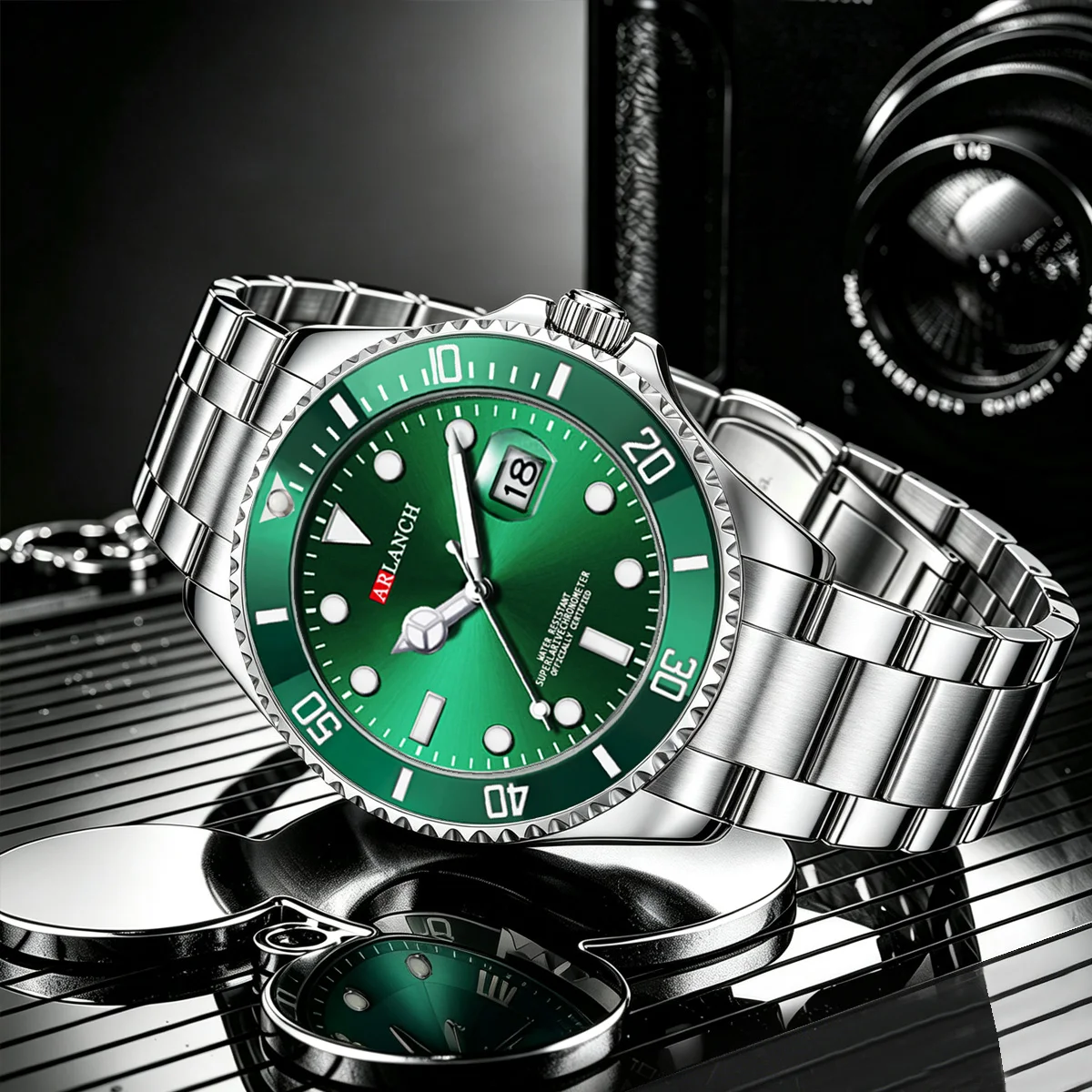 Relógio de Aço Inoxidável 40mm, Estilo Empresarial, Série de Mergulho com Círculo Vermelho e Azul, Relógio de Quartzo com Lente de Aumento e Calendário, montre homme