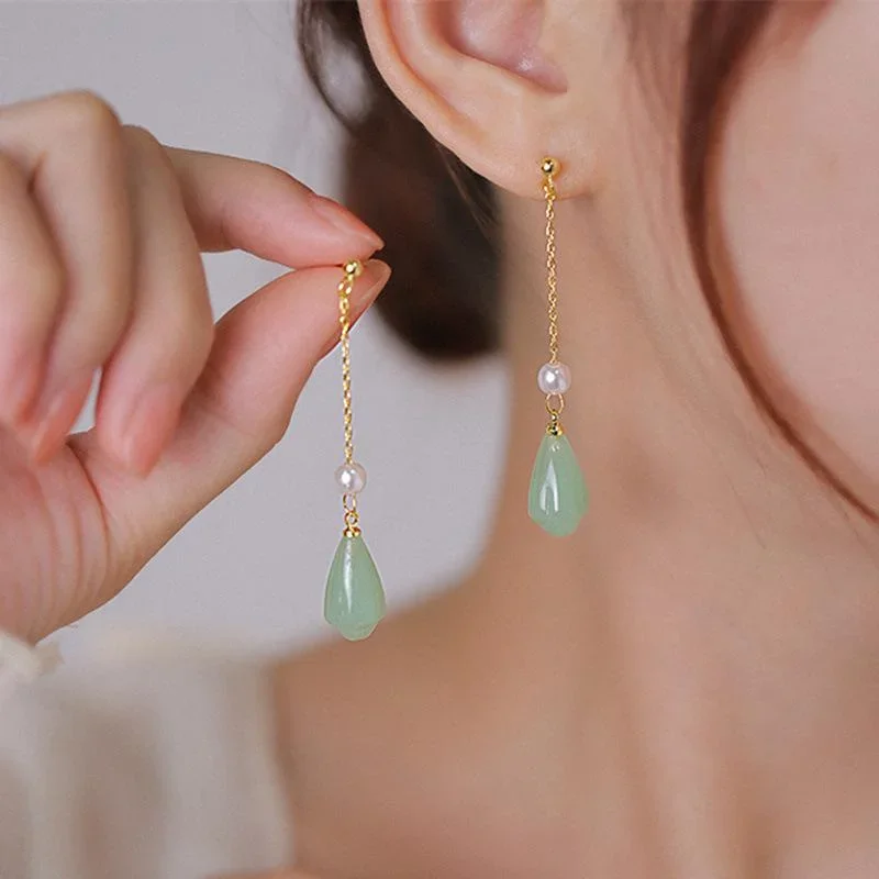 Vintage Natural Hetian Jade Water Drop Earrings for Women Tassel Pearl Earring Green Pink Gemstone Long Earring Party Jewelry