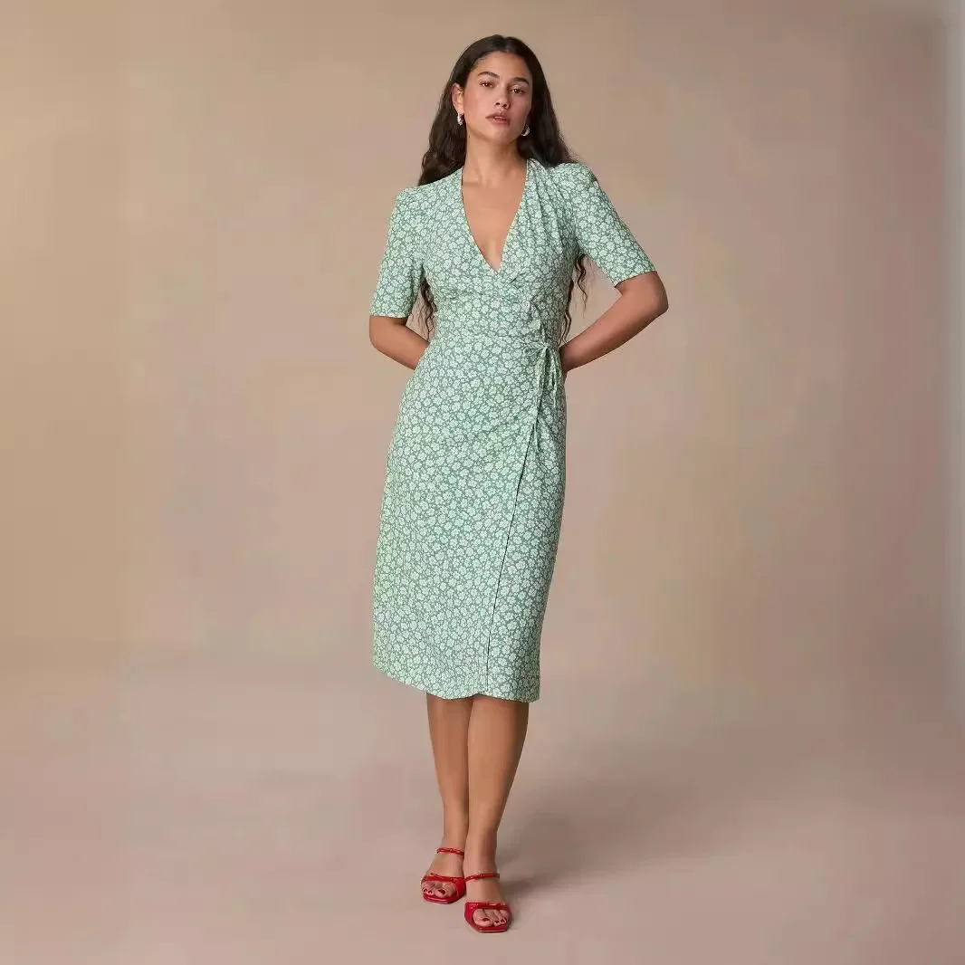 

Women V-neck printed dress French style slim fit fashion ladies elegant dress