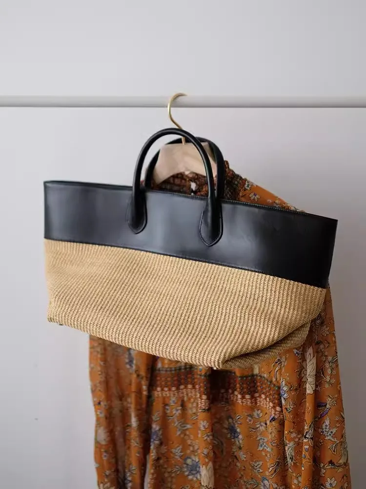 Vintage Women Summer Holiday Straw Bag Large Capacity Casual Totes Handbag Spliced Cowhide Genuine Leather Office Lady Work Bags