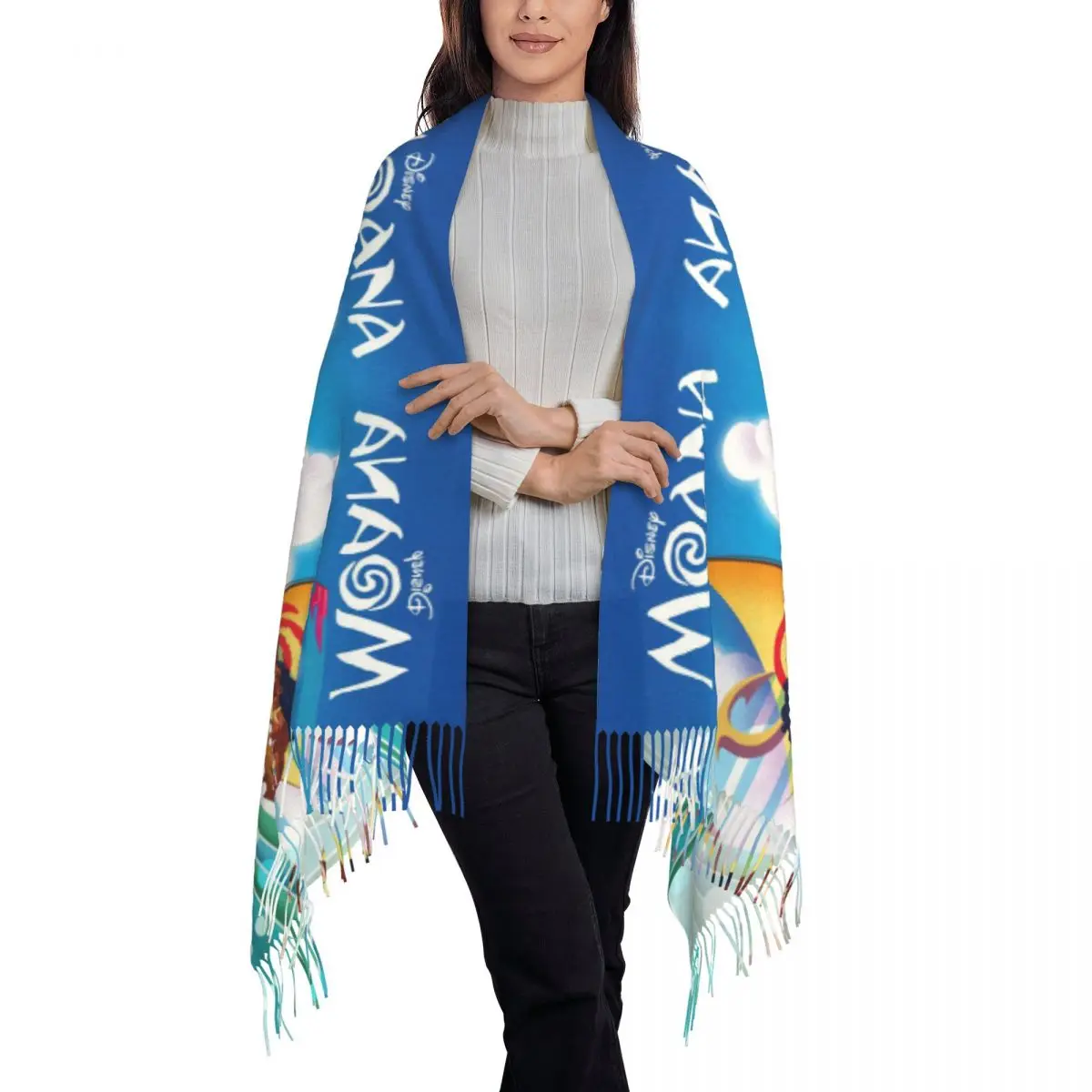 Custom Moana Ocean Spirit Poster Tassel Scarf Women Soft Shawls Wraps Female Winter Fall Scarves