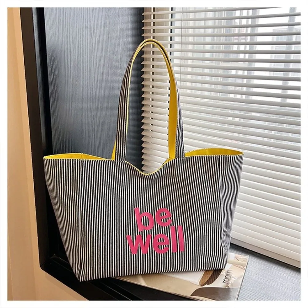 

Large Stripe Women's Shoulder Bag Canvas Material Versatile Style High Capacity Handbag High Capacity Korean Style