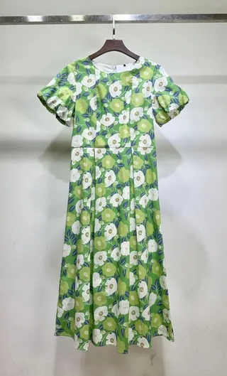 

2024 Women's Clothing Fresh green floral puff sleeve waist dress Spring Summer New No.62