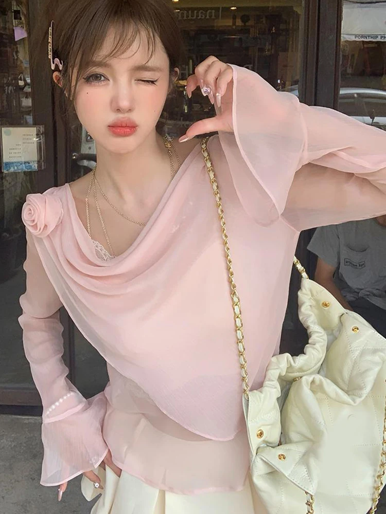 Pink Chiffon Blouse Women Sweet Fashion Elegant Slim Flare Sleeve Shirt Fall 3d Floral Female Chic All Match Design Ins Tops New