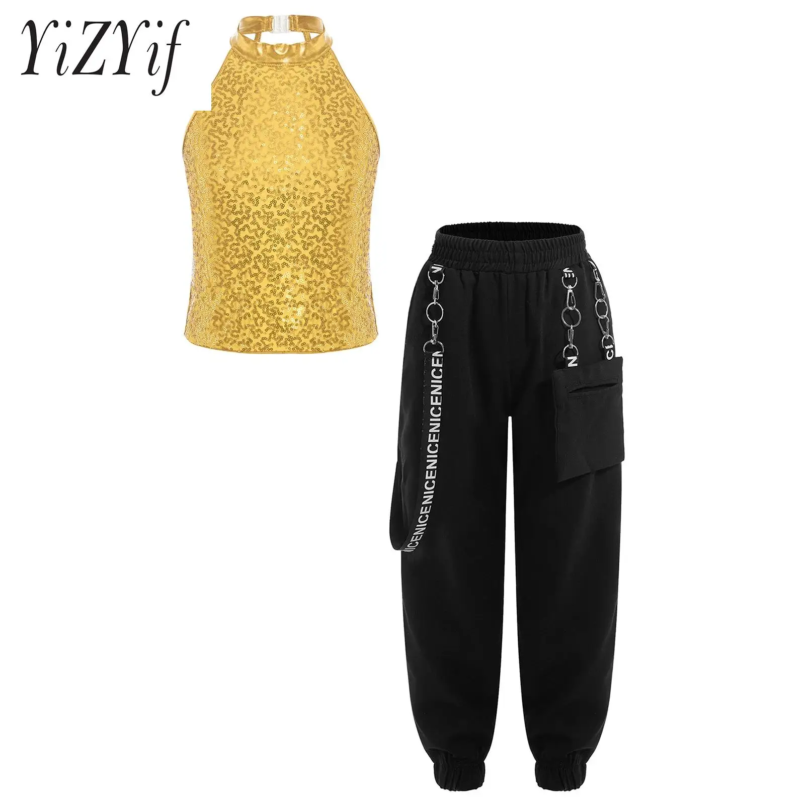 

Kids Girls Jazz Dance Stage Performance Sparkling Sequin Crop Top with Mid Waist Metal Chain Pocket Pants for Dance Competition