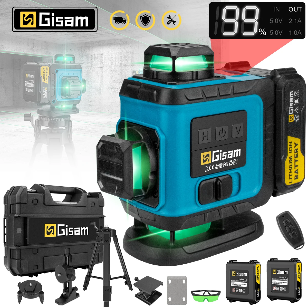 Livella laser 4D a 16 linee Gisam con linea verde 360 ° Strumento laser per misurazioni orizzontali e verticali con controllo remoto tramite app, livella laser inclinata autolivellante, linea verde
