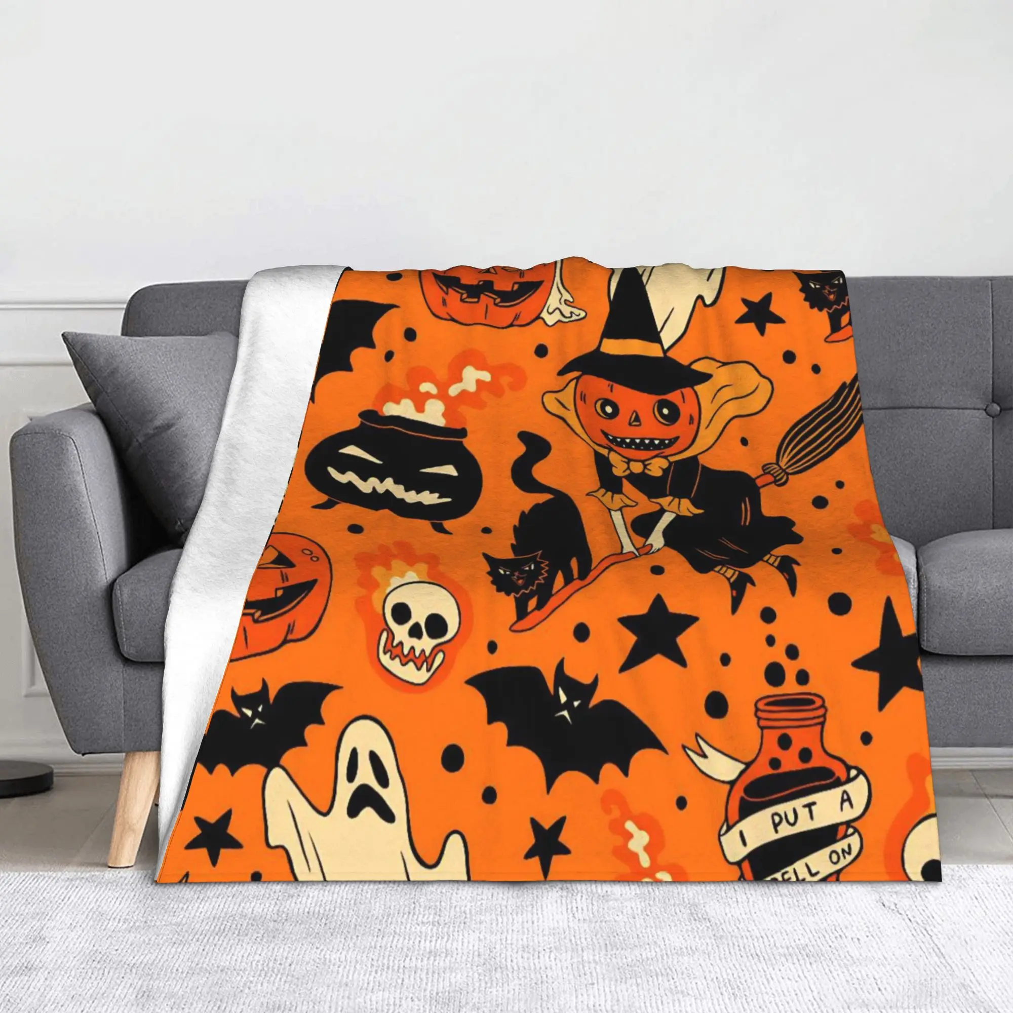 Happy Halloween Cartoon Blanket Cover Cats Pumpkins Bats Fleece Throw Blanket Home Couch Personalised Soft Warm Bedspreads