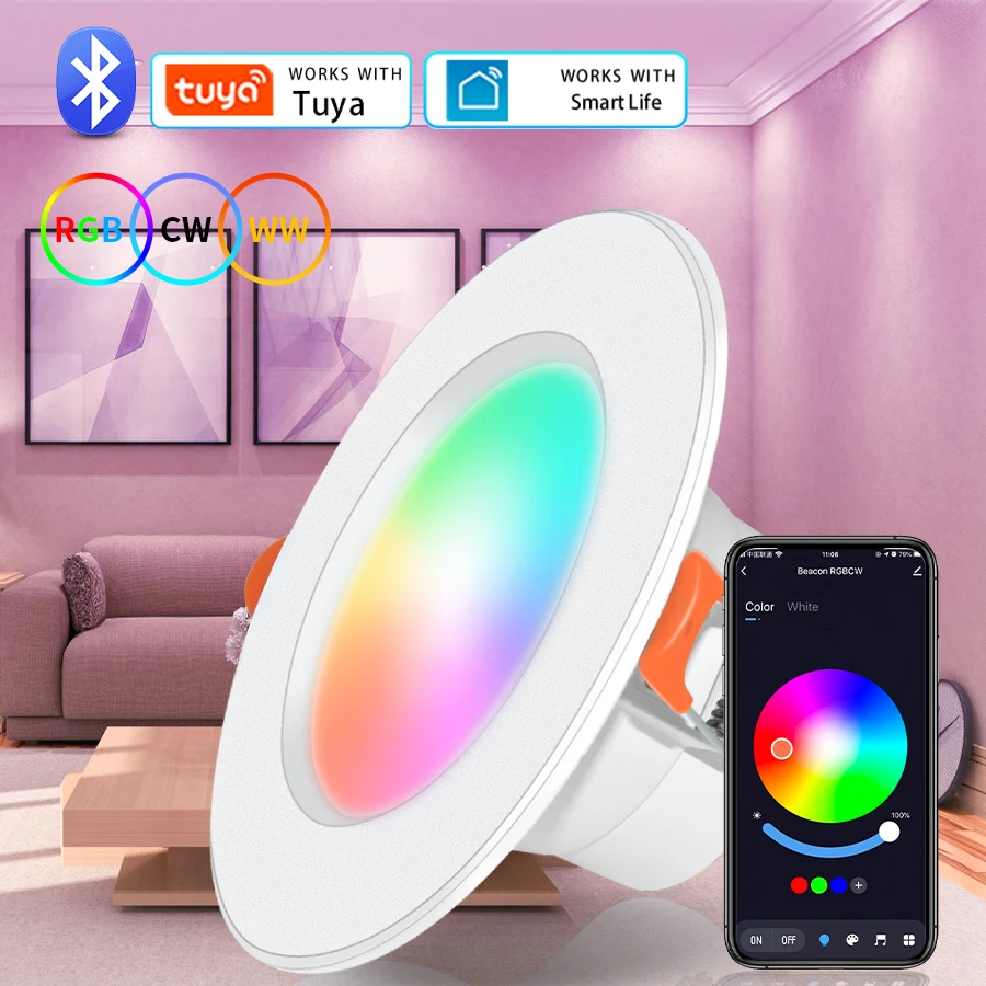 85-265V 10W 15W Smart Bluetooth LED Downlight RGBCW Ceiling Spotlight Smart Life APP Control Room Decor Dimmable LED Down Light