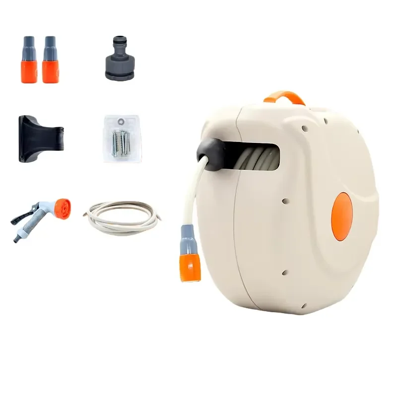 30M Retractable Garden Hose Reel - 180° Rotatable Wall-Mounted Plastic Hose Holder for Watering Plants & Car Cleaning