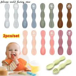 Silicone world 2PCS Baby Learning Spoons Utensils Set Silicone Sticky Spoon Children Cutlery Training Spoon Feeding Tableware