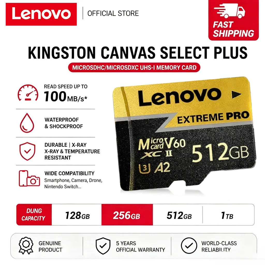Lenovo Memory Card Micro TF SD Card High Speed TF Flash Card 64GB 128GB 256GB 512GB For Switch Smartphone Camera Drone Cross-Use