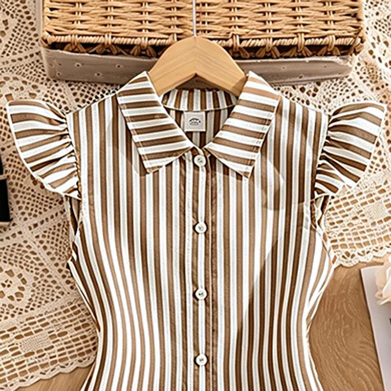 Blau-weiß gestreiftes Kleid für Mädchen von 8–12 Jahren, Hemdkragen mit Rüschenärmeln und gestreiftes Button-Down-Kleid mit seitlichen Bändern, lässige Kinderkleidung – Detail 22