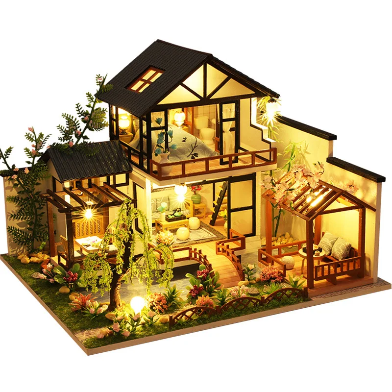 Big Wooden Dollhouse Kits With Furniture Light Casa Diy Roombox Doll House Handmade Assembly Miniature Home Toys Birthday Gifts