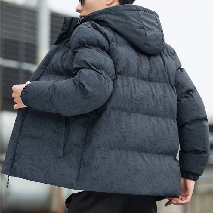 Man Coat Winter Thicken Cold-proof Printed Stand Collar Male Down Jacket Long Sleeve Zipper Hooded Windproof Men Outerwear