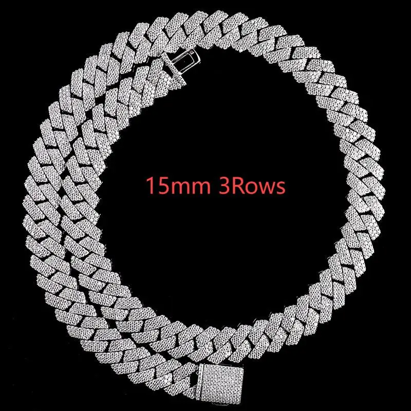 Provence 15mm Width 3 Rows Small Round Cut DEF VVS1 Moissanite 925 SIlver White Gold Plated Hiphop Cuban Chain 22 Inches Length