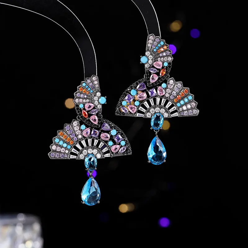New Retro Palace -Shaped Water Drop Earrings for Women, Chinese Style National Fan, Light Luxury Niche Design, Unique Earring