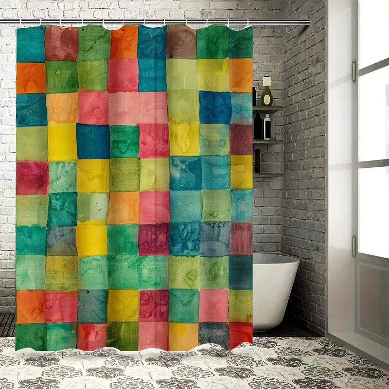 Green Colored Patchwork Shower Curtain for Bathroom Decorations Waterproof Fabric Bath Mat Sets