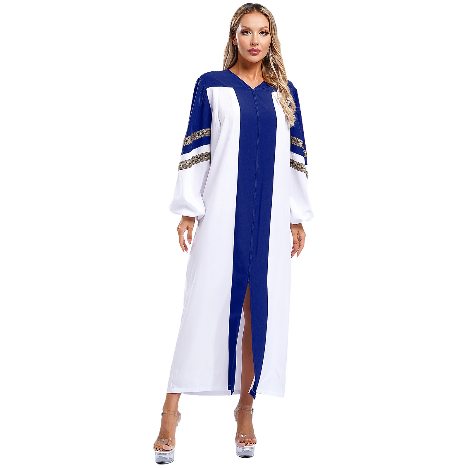 Womens Choir Robe Church Clergy Priest Preacher Dresses Costume Long Sleeve Color Block Zipper Clergy Gown Costumes