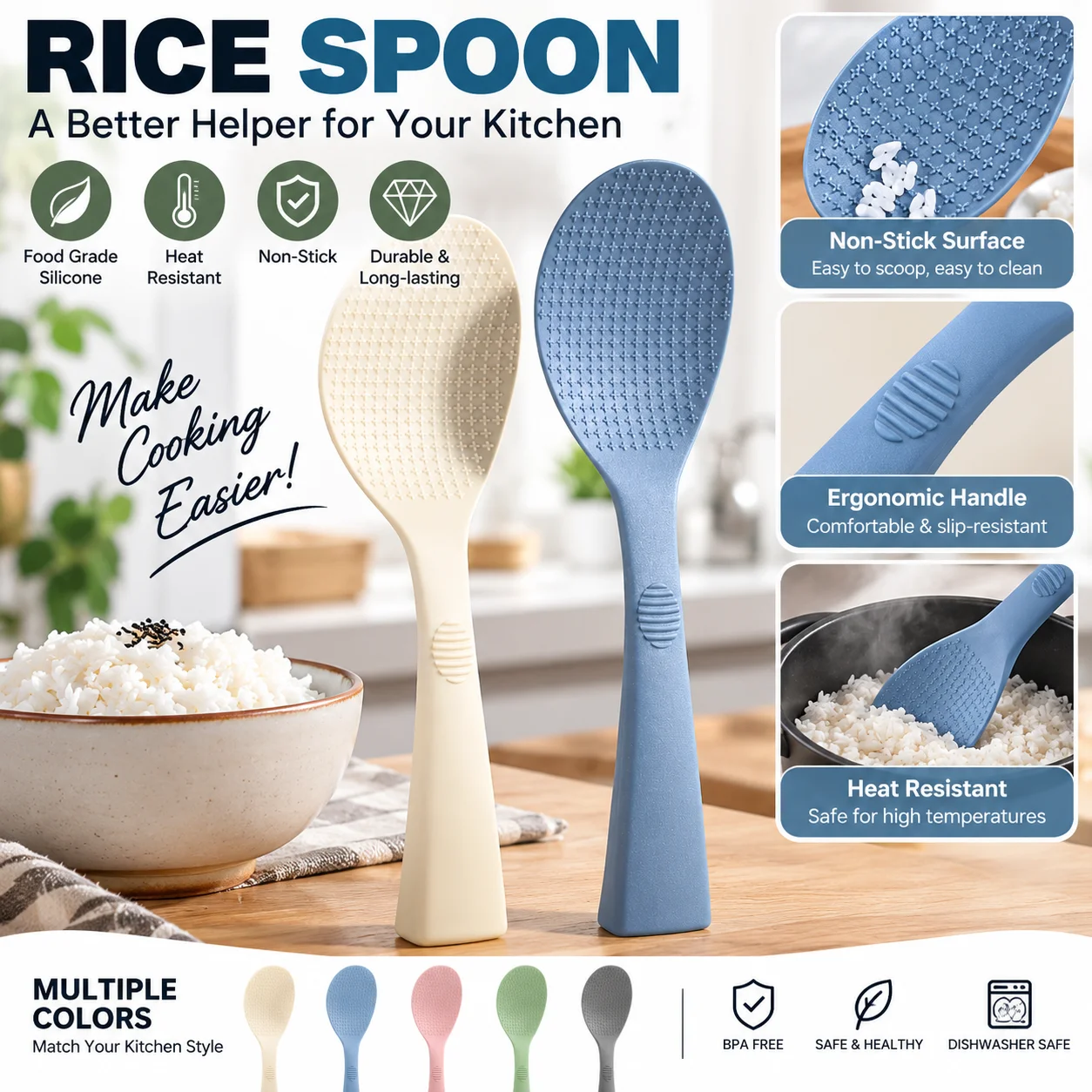 1PC Food Grade Silicone Rice Spoon Household Non Stick Pot Cooking Spoon High-temperature Resistant Kitchen Tools